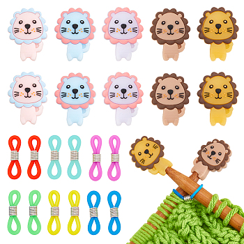 Lion Silicone Knitting Needle Stoppers, Knitting Needle Point Protectors, for Knitting Needles Crocheting Projects, Mixed Color, Silicone Beads: 24x31x7.5mm, Hole: 2mm, 10pcs, Eyeglass Holders: 21x4.5mm, 48pcs
