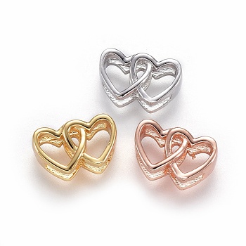 Brass Slide Charms, Lead Free & Cadmium Free, Heart with Heart, Mixed Color, 8x13x5mm, Hole: 2x10mm