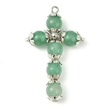 Natural Green Aventurine Copper Wire Wrapped Pendants, Cross Charms, Platinum, 39x23~24x7mm, Hole: 1.8~2mm