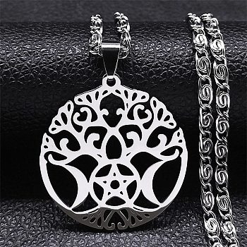 304 Stainless Steel Pendant Necklaces for Women Men, Tree of Life with Moon, Stainless Steel Color, 19.49 inch(49.5cm)