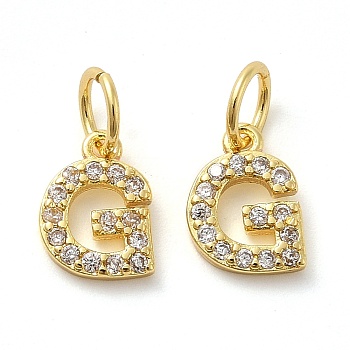 Brass Micro Pave Cubic Zirconia Pendants, with Jump Ring, Letter G, 8~9x4.5~9.5x1.5mm, Hole: 3.6mm