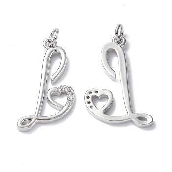 Eco-Friendly Rack Plating Brass Micro Pave Cubic Zirconia Pendants, Long-Lasting Plated, Lead Free & Cadmium Free, with Jump Ring, Capital Letter L with Heart Charm, Platinum, 25.5x15.5x2mm, Hole 3.3mm