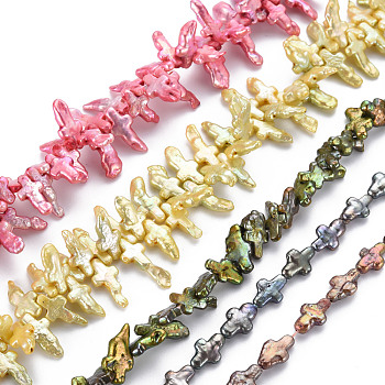 Natural Keshi Pearl Beads Strands, Cultured Freshwater Pearl, Dyed, Cross, Mixed Color, 12~25x8~10x3~5mm, Hole: 0.5mm, about 29~110pcs/strand, 16.14~16.53 inch(41~42cm)
