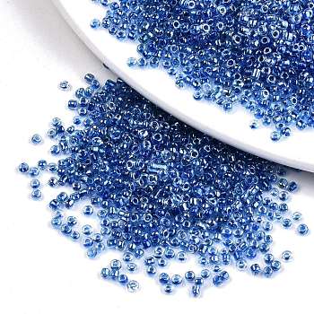 12/0 Glass Seed Beads, Transparent Inside Colours Luster, Round Hole, Round, Blue, 12/0, 2~2.5x1.5~2mm, Hole: 0.8mm, about 3333pcs/50g