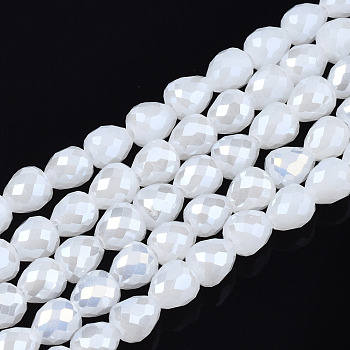 Electroplate Glass Beads Strands, Imitation Jade Glass, AB Color Plated, Faceted, Teardrop, White, 4.5x4.5mm, Hole: 1mm, about 100~101pcs/strand, 17.87 inch~18.03 inch(45.4cm~45.8cm)