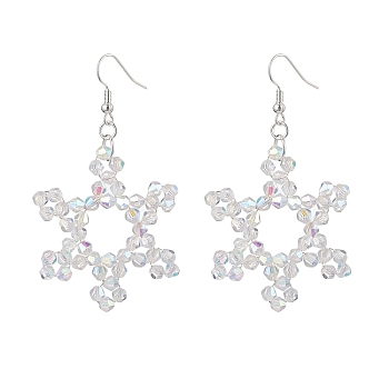 Snowflake Glass Dangle Earrings, with Brass Findings, Clear AB, 67x38~40mm