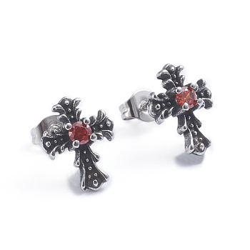 Retro 304 Stainless Steel Stud Earrings, with Cubic Zirconia and Ear Nuts, Cross, Red, Antique Silver, 13x10mm, Pin: 0.6mm