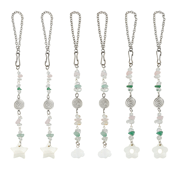 Natural Shell Cloud & Flower & Star Pendant Decoration, for Car Hanging Decor, with Natural Quartz Crystal & Green Aventurine & Rose Quartz Chip Beads, Stainless Steel Color, 207~210mm, 3 styles, 2pcs/style, 6pcs/set