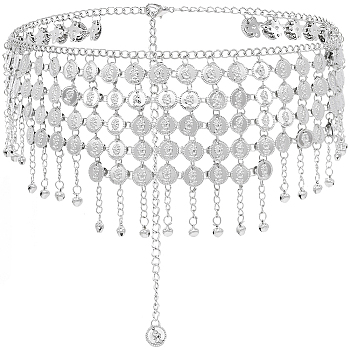 Alloy Multi Layers Flat Round Waist Belt with Curb Chains, Belly Dance Hip Scarfs, Platinum, 43-1/8 inch(109.5cm)