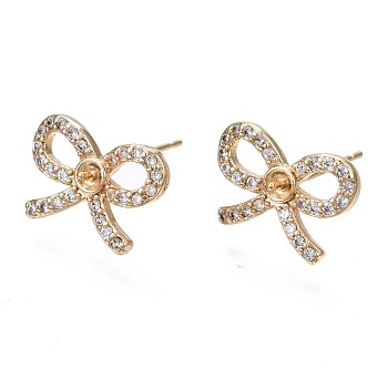 Brass Micro Pave Clear Cubic Zirconia Stud Earring Findings, for Half Drilled Bead, Bowknot, Real 18K Gold Plated, 10x14mm, Pin: 0.7mm, pin: 0.9mm(for Half Drilled Bead).