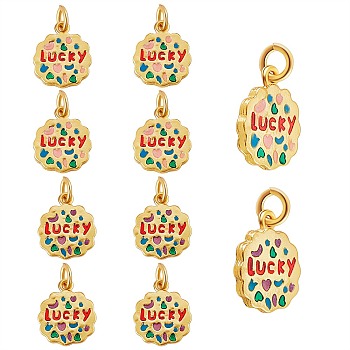 10Pcs 2 Colors Rack Plating Alloy Enamel Pendants, Long-Lasting Plated, Matte Style, Cadmium Free & Nickel Free & Lead Free, with Jump Rings, Flower with Word Lucky, Mixed Color, 16x13.5x2mm, Jump Ring: 6mm in diameter, 1mm thick, Inner Diameter: 4mm, 5pcs/color