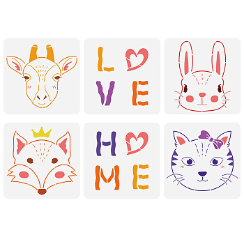 6Pcs 6 Styles Hexagon PET Hollow Out Drawing Painting Stencils, for DIY Scrapbook, Photo Album, Leaf, Animal Pattern, 300x300mm, 1pc/style