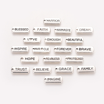 Tibetan Style Alloy Inspirational Message Pendants, Rectangle with Words, Cadmium Free & Lead Free, Antique Silver, 8x21x2mm, Hole: 2mm, about 6pcs/kind, 120pcs/set