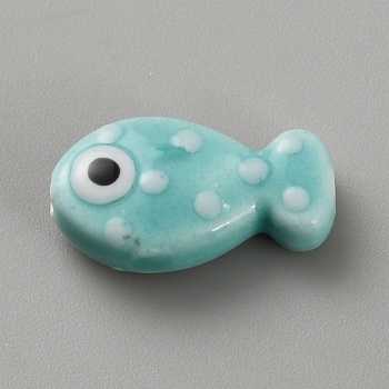 Handmade Porcelain Beads, Hand Painted Ceramic Beads, Fish, Aquamarine, 19.5x11x6.5mm, Hole: 2mm