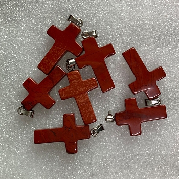 Natural Red Jasper Pendants, with Platinum Tone Brass Findings, Cross, 25x18mm