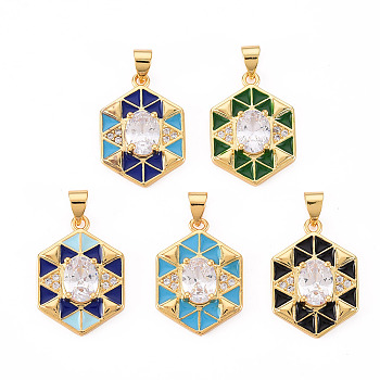 Brass Micro Pave Clear Cubic Zirconia Pendants, with Enamel, Cadmium Free & Nickel Free & Lead Free, Real 16K Gold Plated, Hexagon, Mixed Color, 21.5x15x4.5mm, Hole: 4.5x3.5mm