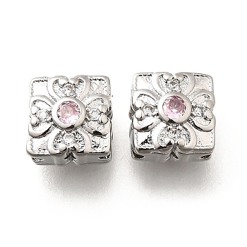 Brass Micro Pave Pearl Pink Cubic Zirconia Beads, Square with Flower, Real Platinum Plated, 11x11x6.5mm, Hole: 1.2mm