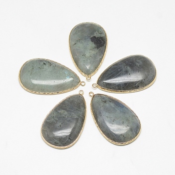 Natural Labradorite Big Pendants, with Brass Findings, teardrop, 53~54x31~32x7~8mm, Hole: 1~2mm