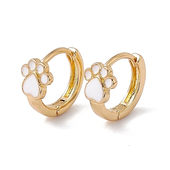 Enamel Bear Paw Print Hoop Earrings, Golden Brass Jewelry for Women, White, 12x12.5x2mm, Pin: 0.8mm