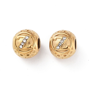 304 Stainless Steel Rhinestone European Beads, Round Large Hole Beads, Real 18K Gold Plated, Round with Letter, Letter Z, 11x10mm, Hole: 4mm