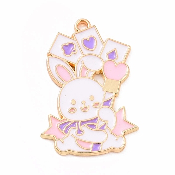 Alloy Enamel Pendants, Golden, Rabbit with Playing Cards Charm, Lavender Blush, 33x22x1.5mm, Hole: 2mm