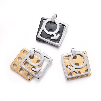 304 Stainless Steel Pendants, Square with Male Gender Sign, Mixed Color, 26x28.4x3.7mm, Hole: 4.6x5mm