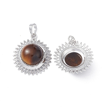 Natural Tiger Eye Pendants, Sun Charms, with Platinum Tone Brass Findings, Half Round, 31x27.5x12mm, Hole: 7x5mm