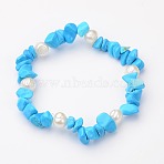 Gemstone Chip Stretch Bracelets, with Grade B Potato Freshwater Pearl Beads, Howlite, 55mm(BJEW-JB01516-03)