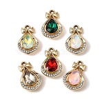 UV Plating Alloy Glass Pendants, Teardrop with Bow Charm, with Rhinestone, Faceted, Mixed Color, Golden, 21.5x14x4.5mm, Hole: 1.8mm(FIND-K032-27G)
