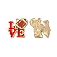 Alloy Enamel Pendants, Cadmium Free & Nickel Free & Lead Free, Light Gold, Word LOVE with Rugby Charm, Red, 23.5x22.5x1.5mm, Hole: 2mm(PALLOY-E028-08LG-01)