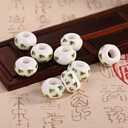 Handmade European Porcelain Beads, DIY Accessories for Jewelry Making, Rondelle with Flower, Light Green, 14x9mm, Hole: 5mm(PORC-TAC0001-03-08)