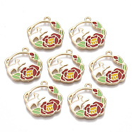 Alloy Pendants, with Enamel, Round Ring with Cat Shape and Flower, Golden, Colorful, 25x22x1.5mm, Hole: 2mm(ENAM-S120-007)