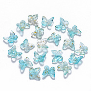 Two Tone Transparent Spray Painted Glass Charms, with Glitter Powder, Butterfly, Turquoise, 9.5x11x3mm, Hole: 0.8mm(X-GLAA-T016-22B)