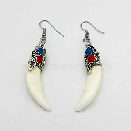 Natural Gemstone Wolf Tooth Shape Dangle Earrings with Real Tibetan Mastiff Dog Tooth(FX9729-2)