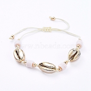 Nylon Thread Cord Braided Bead Bracelets, with Handmade Polymer Clay Heishi Beads, Electroplated Sea Shell Beads and Brass Beads, Real 18K Gold Plated, PapayaWhip, 1-5/8 inch~3-3/4 inch(4.2~9.7cm)(BJEW-JB05074-01)