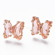 Cubic Zirconia Butterfly Stud Earrings with Glass, Brass Jewelry for Women, Long-Lasting Plated, Light Gold, Pink, 10x11.5mm, Pin: 0.7mm(KK-S365-003A)