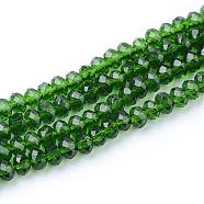 Transparent Glass Beads Strands, Faceted, Rondelle, Green, 3x2mm, Hole: 0.5mm, about 160~165pcs/strand, 15.35 inch~15.75 inch(39~40cm)(GLAA-R135-2mm-42)