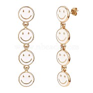 Enamel Smiling Face Dangle Stud Earrings, Gold Plated Brass Long Drop Earrings for Women, White, 50x10mm(JE915C)