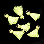 Polycotton(Polyester Cotton) Tassel Pendant Decorations, Mini Tassel, with Iron Findings and Metallic Cord, Light Gold, Green Yellow, 10~15x2~3mm, Hole: 1.5mm(FIND-S281-36)