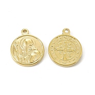Vacuum Plating 201 Stainless Steel Pendants, Flat Round with Cssml Ndsmd Cross God Father/Saint Benedict Charm, Real 18K Gold Plated, 21.5x18x2.5mm, Hole: 1.8mm(STAS-J401-VC611)