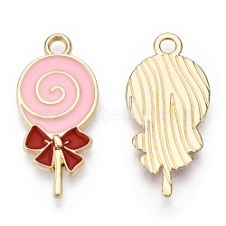 Alloy Enamel Pendants, Light Gold, Lollipop, Pink, 24x11.5x2mm, Hole: 2mm(ENAM-S119-041C)