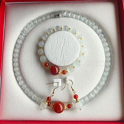 Cat Eye Round Beaded Necklaces & Beaded Bracelets & Dangle Earrings Sets, White, 470mm(WGE6446-08)