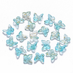 Two Tone Transparent Spray Painted Glass Charms, with Glitter Powder, Butterfly, Turquoise, 9.5x11x3mm, Hole: 0.8mm(X-GLAA-T016-22B)