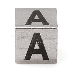 Tarnish Resistant 201 Stainless Steel European Beads, Large Hole Beads, Cube with English Letter, Stainless Steel Color, Letter A, 7x7x7mm, Hole: 5mm(STAS-M058-01A-P)