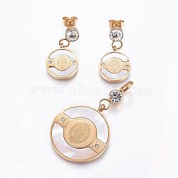 304 Stainless Steel Jewelry Sets, Pendants and Stud Earrings, with Shell and Rhinestone, Flat Round, Golden, 45x25x2mm, hole: 5mm; 26x14x2~4mm; Pin: 0.8mm(SJEW-G057-22G)