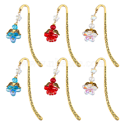 6Pcs 3 Colors Alloy Hook Bookmarks, Glass Angel Bookmarks, Antique Golden, Mixed Color, 83.5mm, 2pcs/color(AJEW-HS00004)