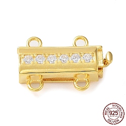 925 Sterling Silver Micro Pave Clear Cubic Zirconia Box Clasps, 2-Strand, 4-Hole, Rectangle, with 925 Stamp, Real 18K Gold Plated, 14x9.5x3mm, Hole: 1.2mm(STER-G036-03G)