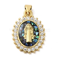 Rack Plating Brass Micro Pave Cubic Zirconia with Shell Pendants, Cadmium Free & Lead Free, Real 18K Gold Plated, Oval with Saint, Colorful, 23x16.5x3mm, Hole: 3x5mm(KK-P241-44G-02)