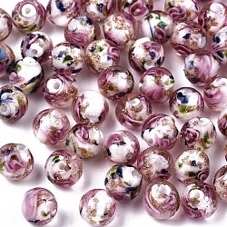 Handmade Gold Sand Lampwork Beads, Inner Flower, Round, Creamy White, 8x7~8mm, Hole: 1.4mm(LAMP-S194-001I)