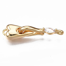 Brass Micro Pave Clear Cubic Zirconia Hook Clasps, Nickel Free, Heart, Real 18K Gold Plated, 29mm long, Clasps: 27x7x3mm, Hole: 1.2mm, Heart: 15x7x5mm, Hole: 1.6mm(KK-T063-69G-NF)